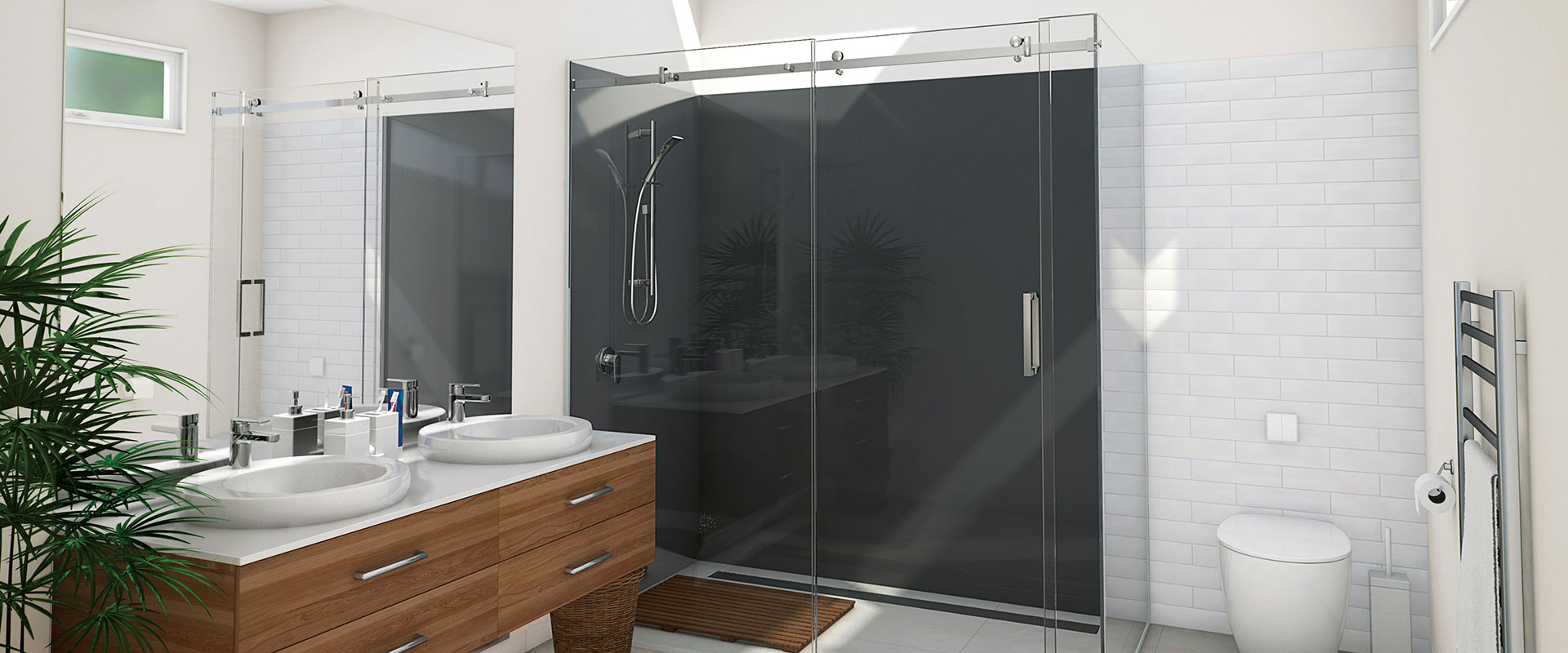 A bright bathroom with a double sized glass showeragainst one wall